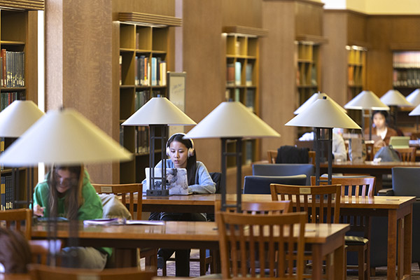 Students at study tables in the Centennial Reading Room
